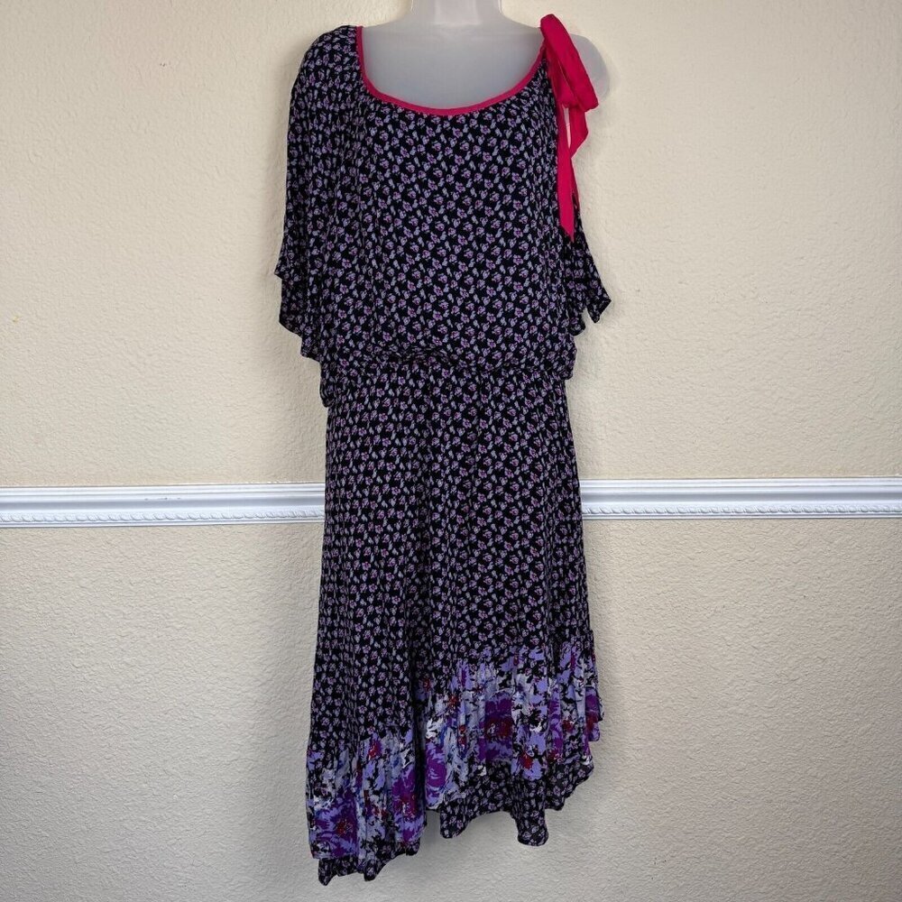 Free People Dress Womens L Purple Pink Tie Cold Shoulder Floral Asymmetrical